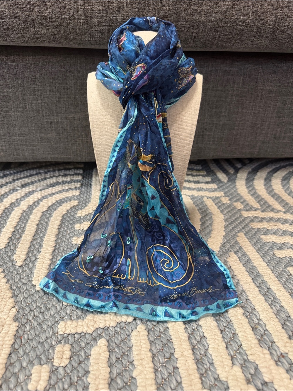 Laurel Burch Indigo Cats & Butterflies 100% Silk Sequin Scarf - Picture 2 of 6